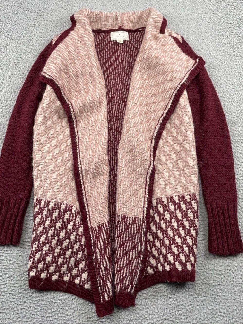 Ruby Moon Burgundy and Cream Open-Front Draped Marled Knit Cardigan Size Small